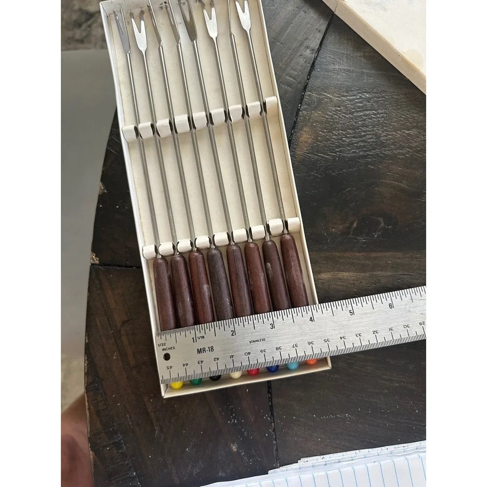 Vintage 8 Piece Stainless Steel Fondue Forks Set Wood Handles Multi Color Tips